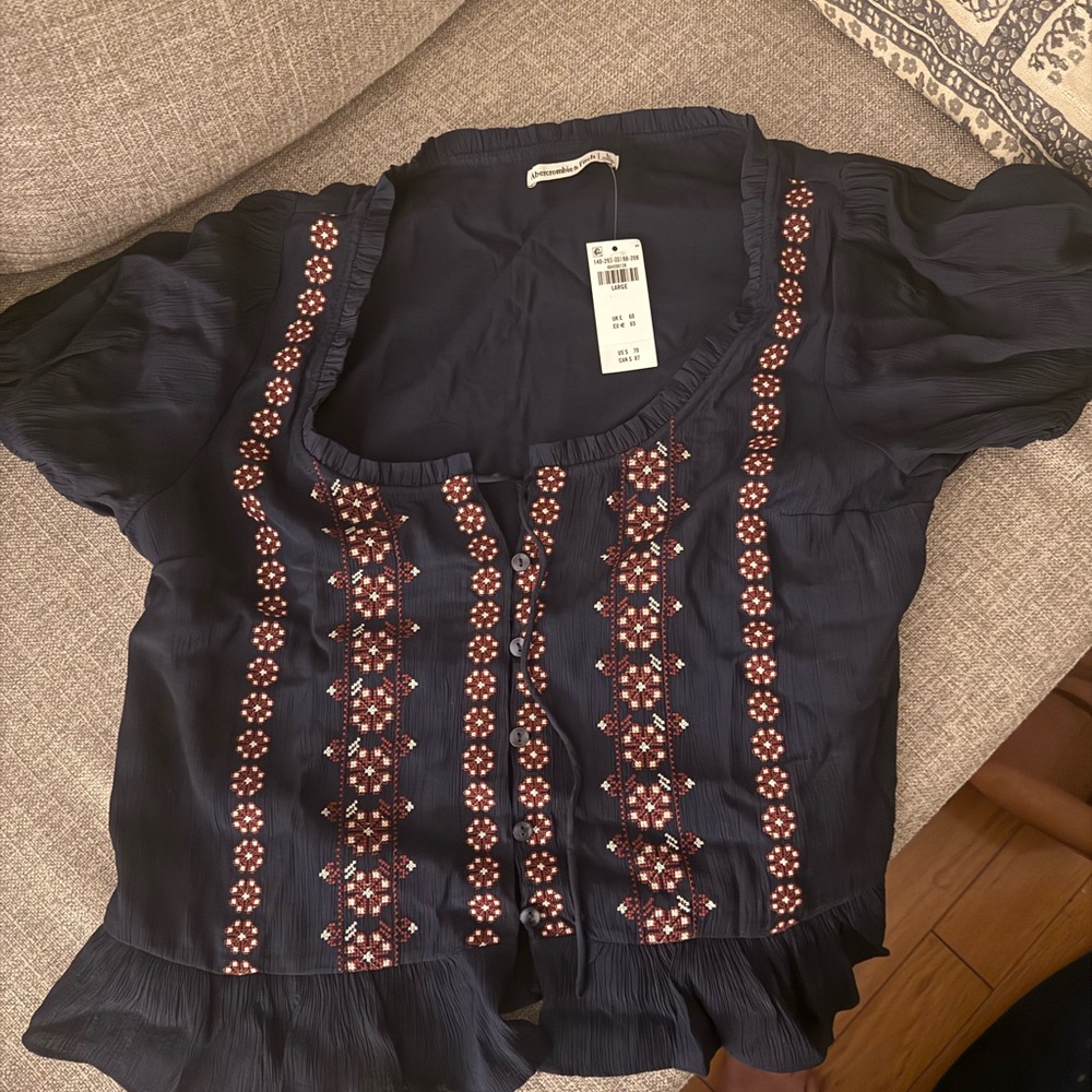 Abercrombie & Fitch Navy Embroidered Peasant Blouse